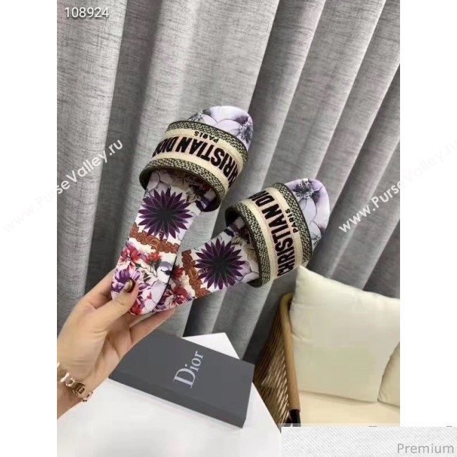 Dior Dway Embroidered Cotton Flat Slide Sandals Purple 2019 (LEG-9031162)