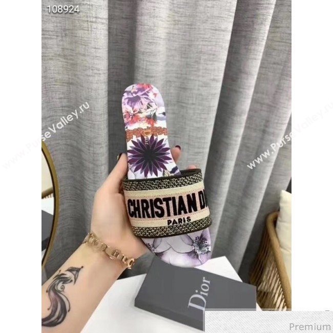Dior Dway Embroidered Cotton Flat Slide Sandals Purple 2019 (LEG-9031162)