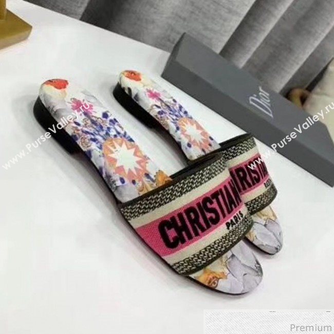 Dior Dway Embroidered Cotton Flat Slide Sandals Pink 2019 (LEG-9031163)