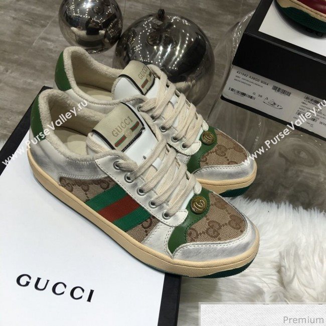 Gucci Womens Screener Leather Sneaker ‎570442 Beige 2019 (HZX-9030806)