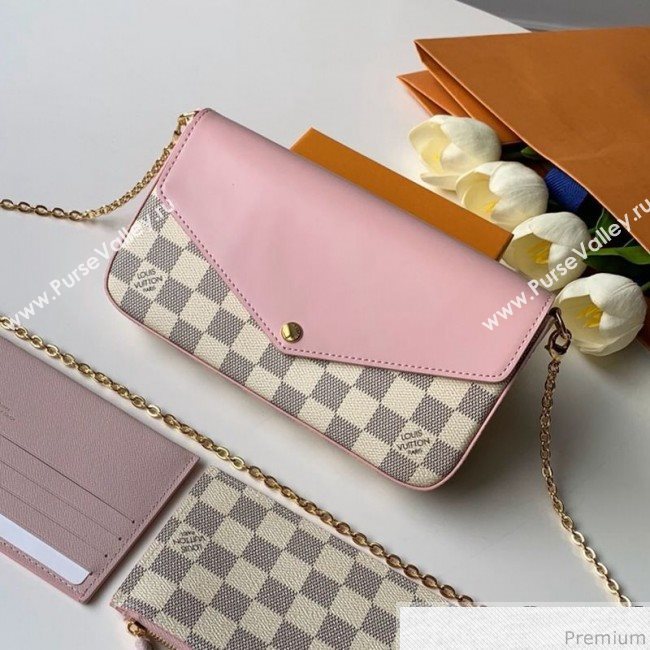 Louis Vuitton Pochette Félicie Clutch with Chain N60235 Damier Azur Canvas/Pink 2019 (KD-9041130)