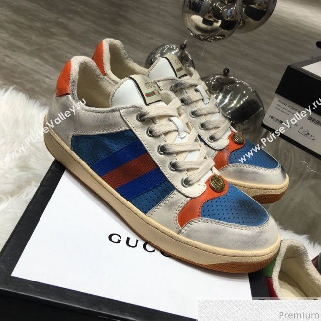 Gucci Womens Screener Leather Sneaker ‎570442 Blue 2019 (HZX-9030808)