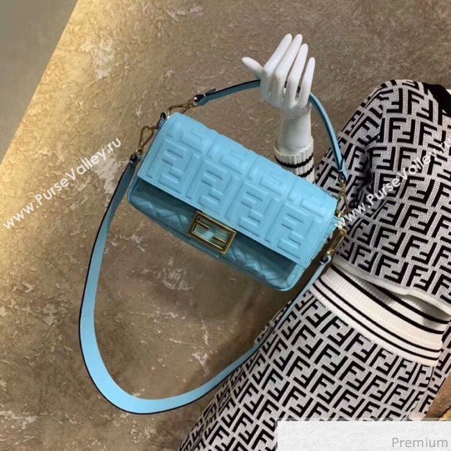 Fendi Baguette Medium FF Logo Lambskin Flap Bag Light Blue 2019 (CL-9030861)