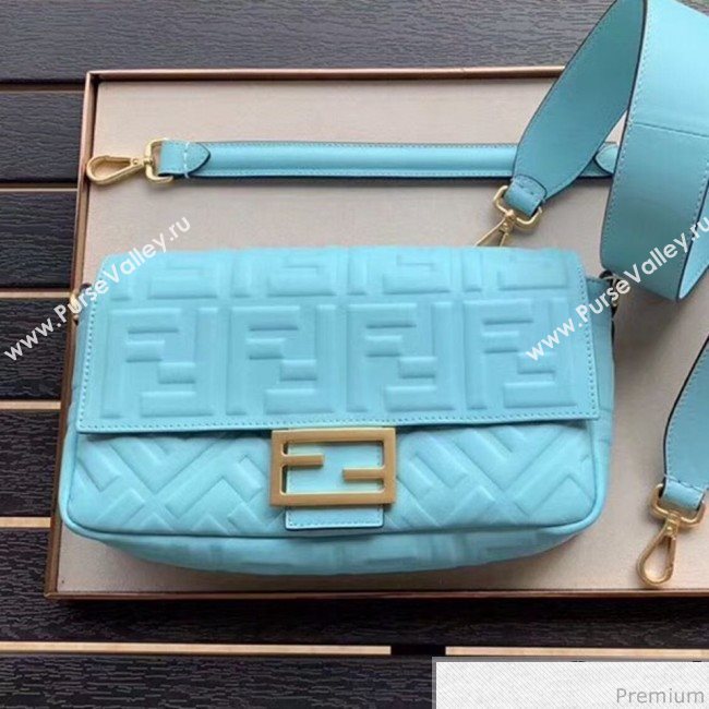 Fendi Baguette Medium FF Logo Lambskin Flap Bag Light Blue 2019 (CL-9030861)