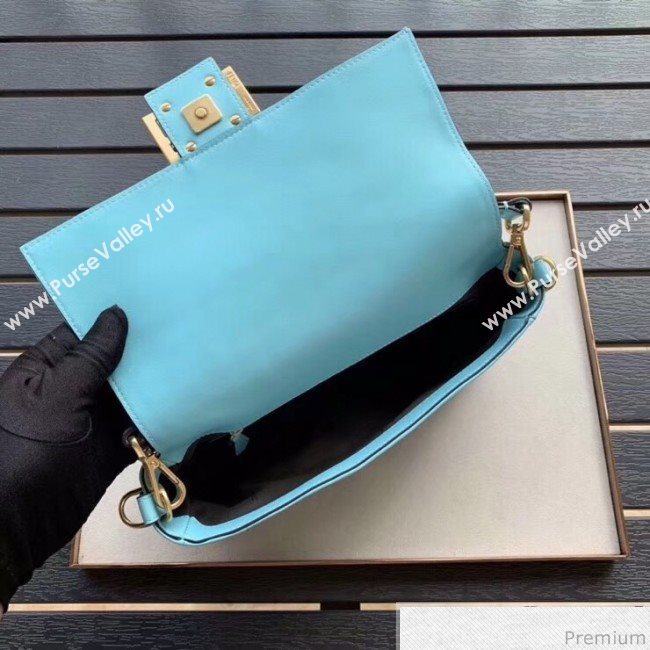 Fendi Baguette Medium FF Logo Lambskin Flap Bag Light Blue 2019 (CL-9030861)