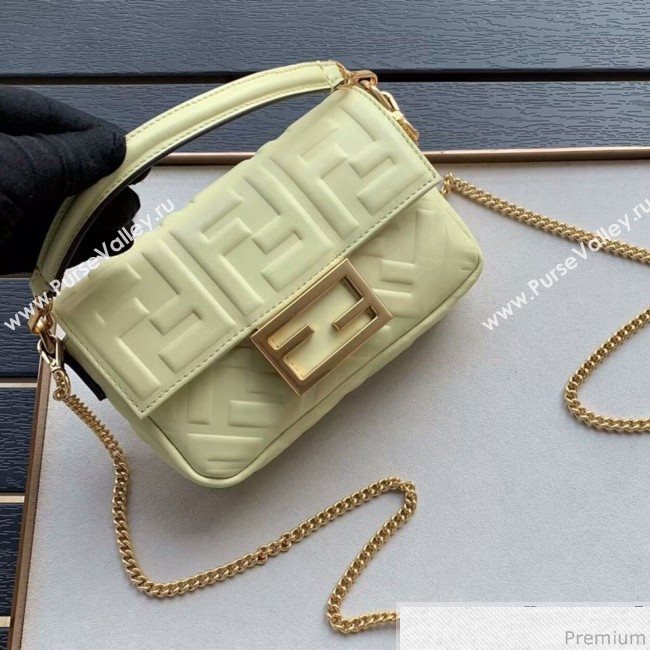 Fendi Baguette Mini FF Logo Lambskin Flap Bag Light Yellow 2019 (CL-9030866)