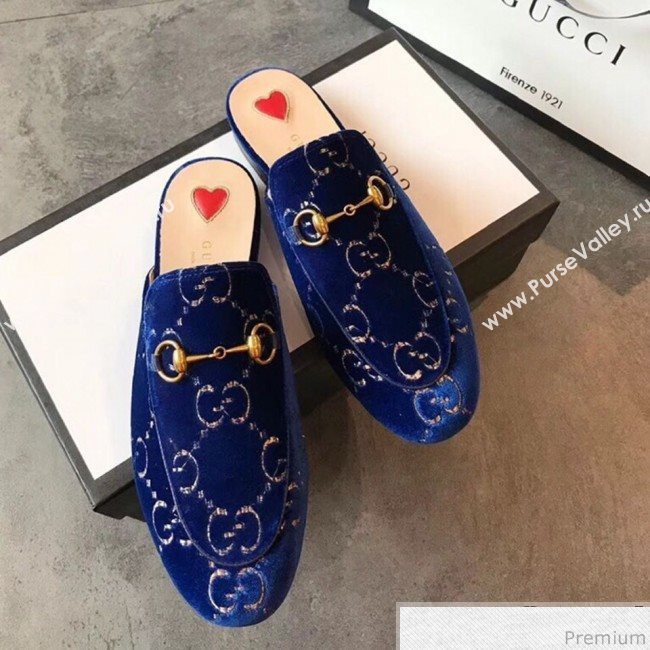 Gucci Princetown GG Velvet Flat Slipper Mules 475094 Blue 2019 (EM-9030906)