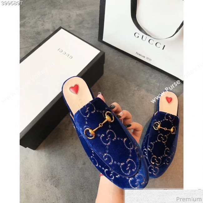 Gucci Princetown GG Velvet Flat Slipper Mules 475094 Blue 2019 (EM-9030906)
