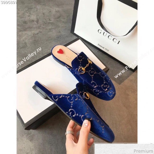Gucci Princetown GG Velvet Flat Slipper Mules 475094 Blue 2019 (EM-9030906)