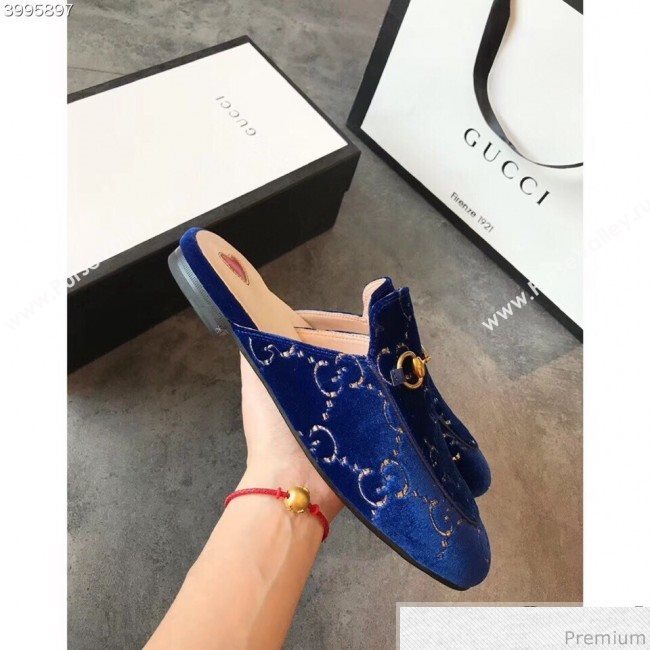 Gucci Princetown GG Velvet Flat Slipper Mules 475094 Blue 2019 (EM-9030906)