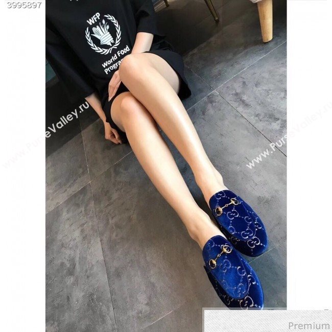 Gucci Princetown GG Velvet Flat Slipper Mules 475094 Blue 2019 (EM-9030906)