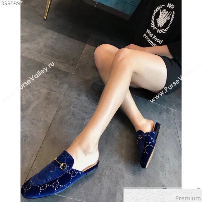 Gucci Princetown GG Velvet Flat Slipper Mules 475094 Blue 2019 (EM-9030906)