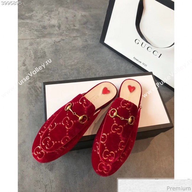 Gucci Princetown GG Velvet Flat Slipper Mules 475094 Red 2019 (EM-9030907)