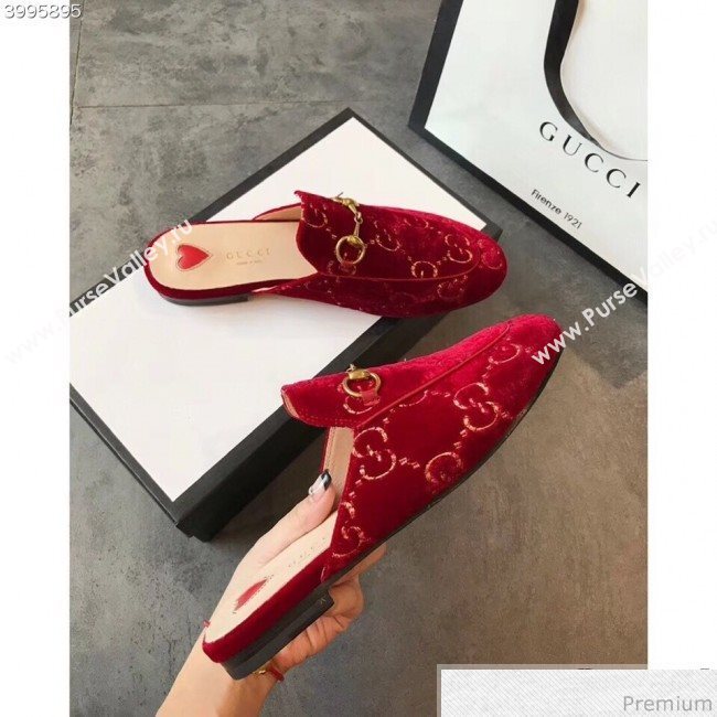 Gucci Princetown GG Velvet Flat Slipper Mules 475094 Red 2019 (EM-9030907)
