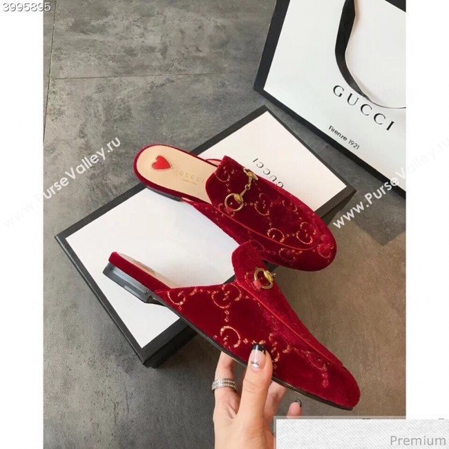 Gucci Princetown GG Velvet Flat Slipper Mules 475094 Red 2019 (EM-9030907)