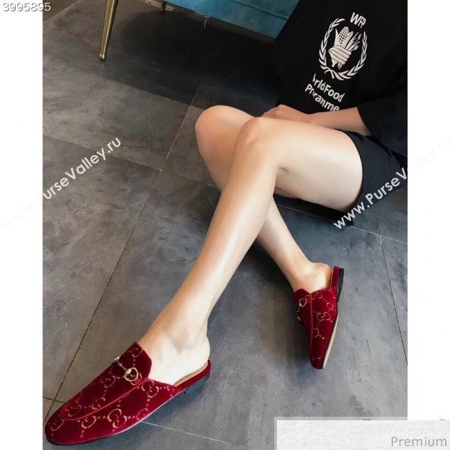 Gucci Princetown GG Velvet Flat Slipper Mules 475094 Red 2019 (EM-9030907)