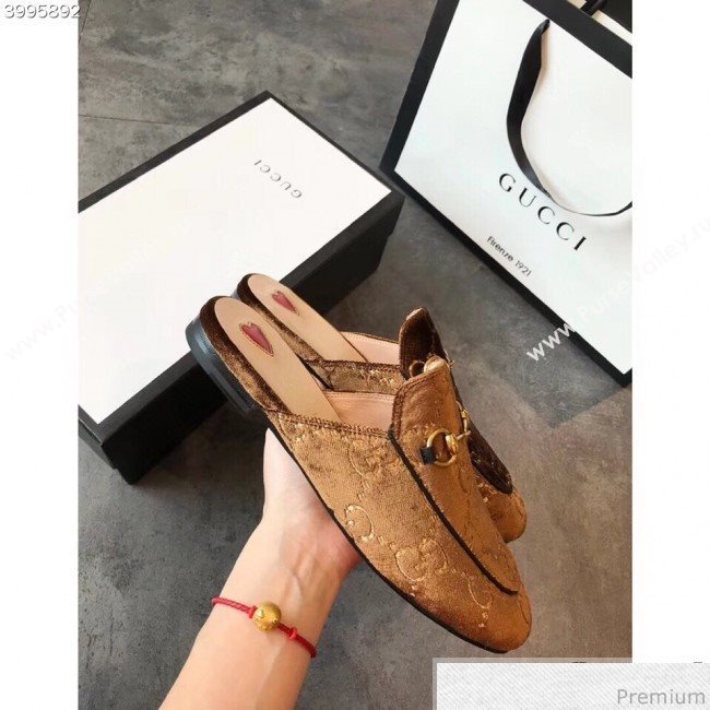 Gucci Princetown GG Velvet Flat Slipper Mules 475094 Brown 2019 (EM-9030908)