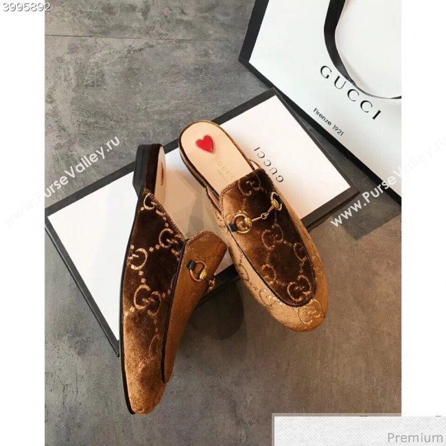 Gucci Princetown GG Velvet Flat Slipper Mules 475094 Brown 2019 (EM-9030908)