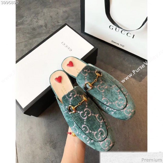 Gucci Princetown GG Velvet Flat Slipper Mules 475094 Light Blue 2019 (EM-9030909)