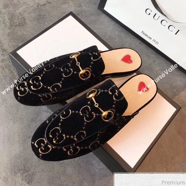 Gucci Princetown GG Velvet Flat Slipper Mules 475094 Black 2019 (EM-9030905)