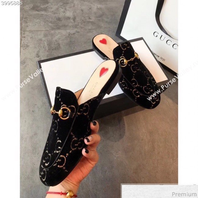 Gucci Princetown GG Velvet Flat Slipper Mules 475094 Black 2019 (EM-9030905)