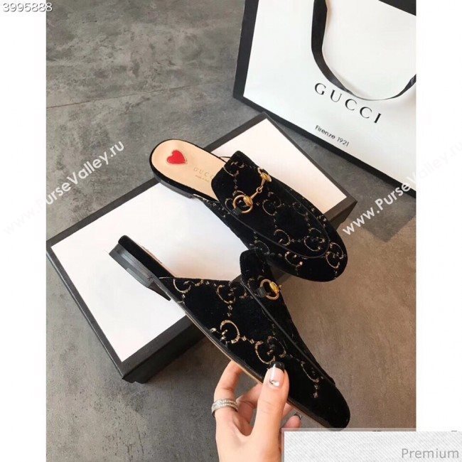 Gucci Princetown GG Velvet Flat Slipper Mules 475094 Black 2019 (EM-9030905)