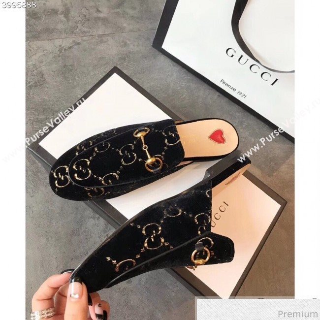 Gucci Princetown GG Velvet Flat Slipper Mules 475094 Black 2019 (EM-9030905)