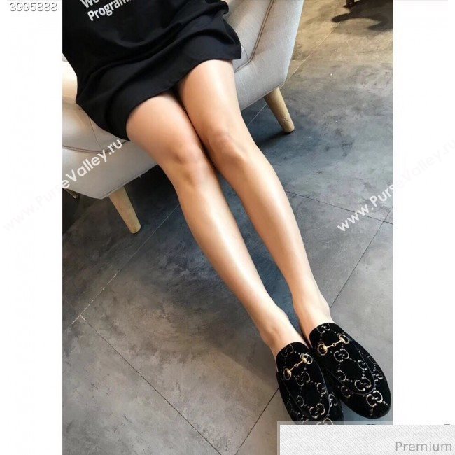 Gucci Princetown GG Velvet Flat Slipper Mules 475094 Black 2019 (EM-9030905)