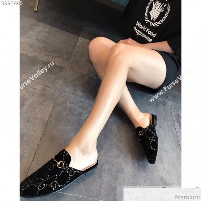 Gucci Princetown GG Velvet Flat Slipper Mules 475094 Black 2019 (EM-9030905)