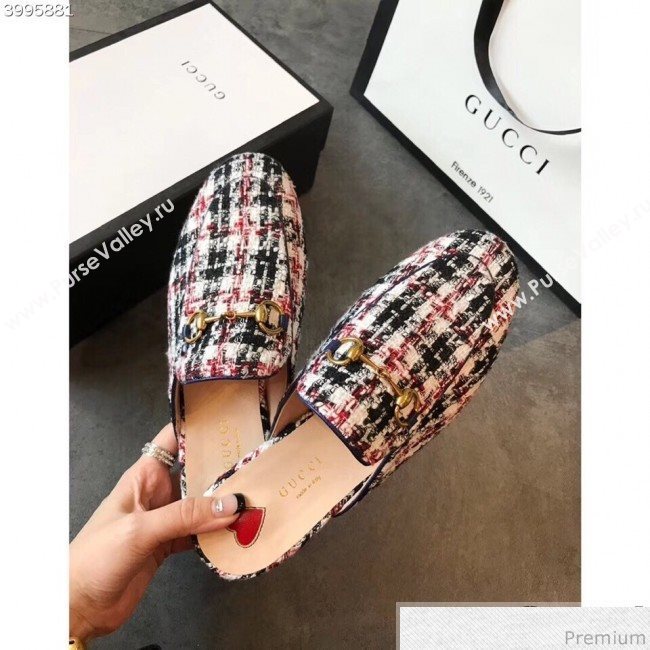 Gucci Princetown Tweed Flat Slipper Mules 475094 Black/White/Pink 2019 (EM-9030912)