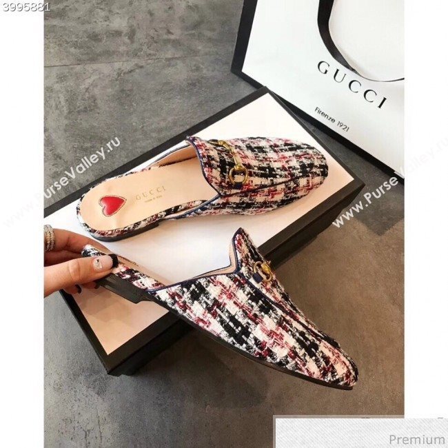 Gucci Princetown Tweed Flat Slipper Mules 475094 Black/White/Pink 2019 (EM-9030912)