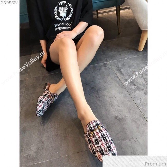 Gucci Princetown Tweed Flat Slipper Mules 475094 Black/White/Pink 2019 (EM-9030912)