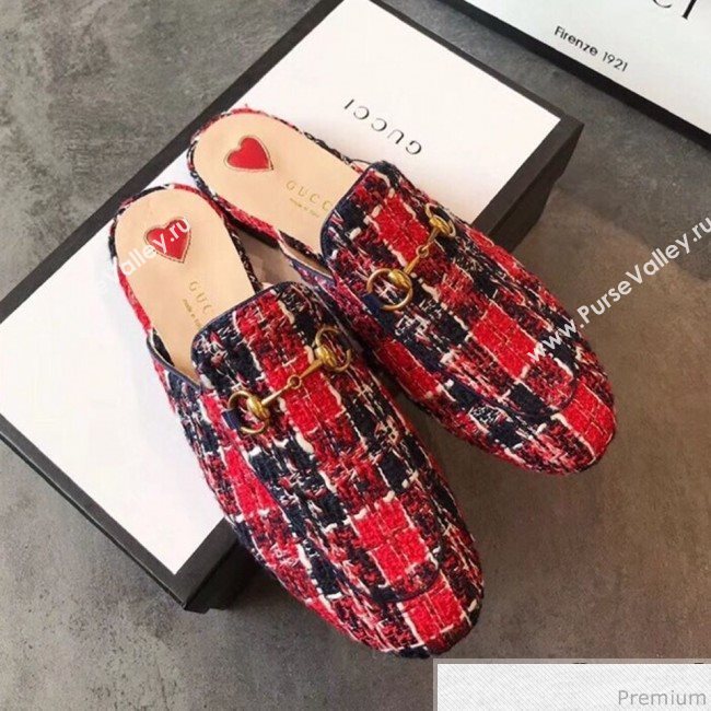 Gucci Princetown Tweed Flat Slipper Mules 475094 Red 2019 (EM-9030913)