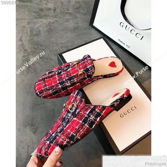 Gucci Princetown Tweed Flat Slipper Mules 475094 Red 2019 (EM-9030913)