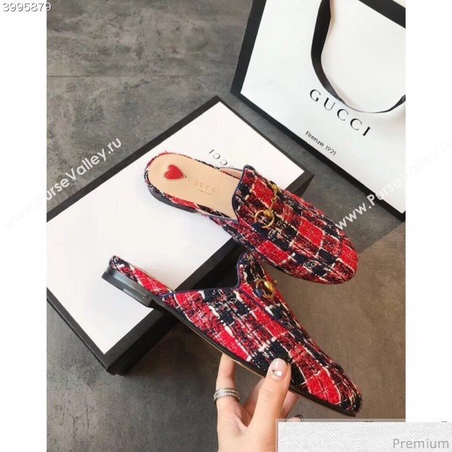 Gucci Princetown Tweed Flat Slipper Mules 475094 Red 2019 (EM-9030913)