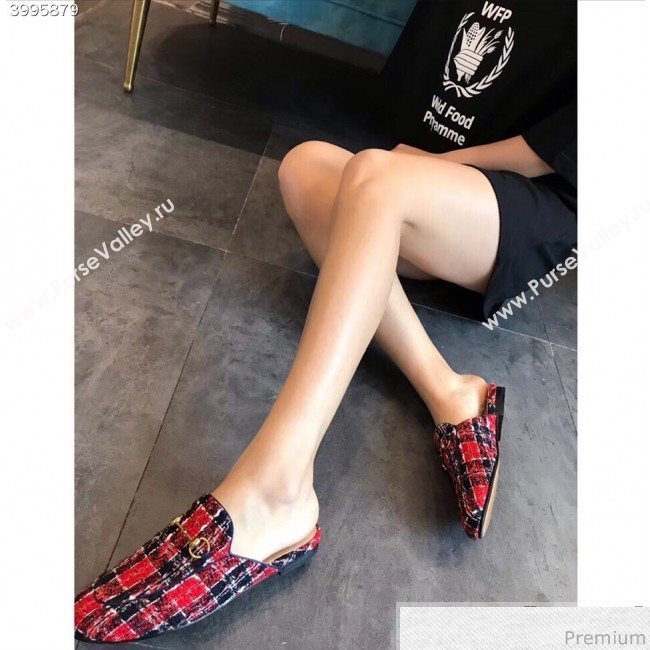 Gucci Princetown Tweed Flat Slipper Mules 475094 Red 2019 (EM-9030913)