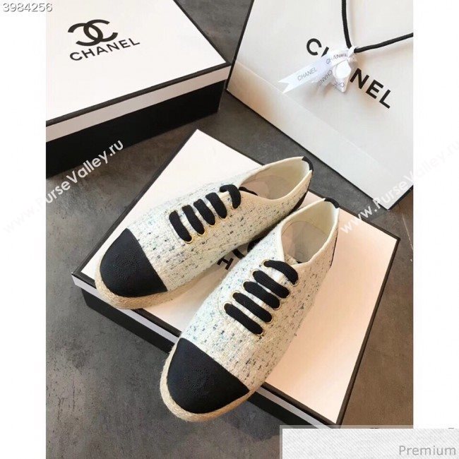 Chanel Tweed Lace-Up Espadrilles Sneakers G34424 White/Blue/Black 2018 (EM-9030931)