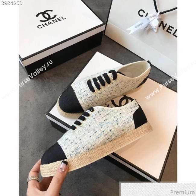 Chanel Tweed Lace-Up Espadrilles Sneakers G34424 White/Blue/Black 2018 (EM-9030931)