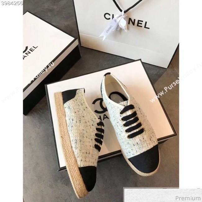 Chanel Tweed Lace-Up Espadrilles Sneakers G34424 White/Blue/Black 2018 (EM-9030931)
