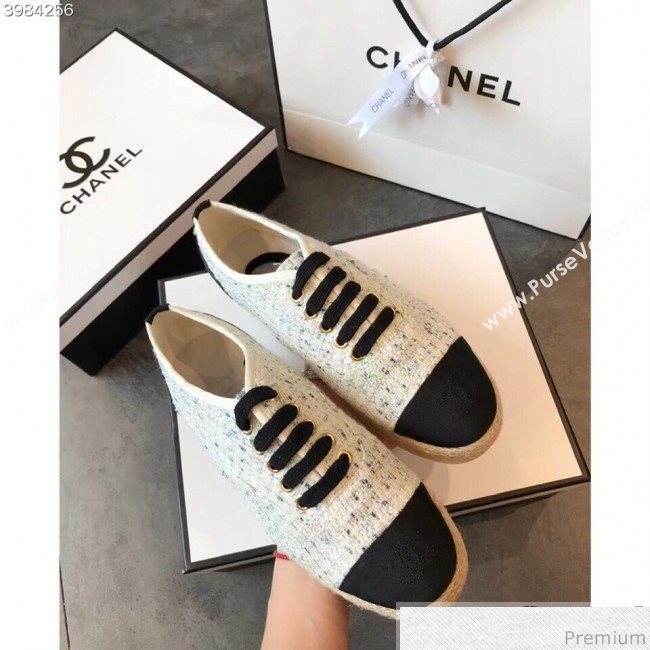 Chanel Tweed Lace-Up Espadrilles Sneakers G34424 White/Blue/Black 2018 (EM-9030931)