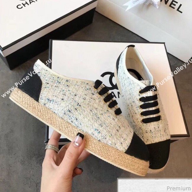 Chanel Tweed Lace-Up Espadrilles Sneakers G34424 White/Blue/Black 2018 (EM-9030931)