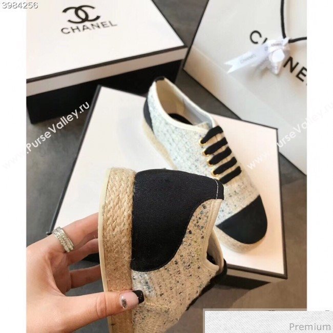 Chanel Tweed Lace-Up Espadrilles Sneakers G34424 White/Blue/Black 2018 (EM-9030931)