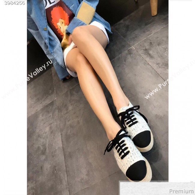 Chanel Tweed Lace-Up Espadrilles Sneakers G34424 White/Blue/Black 2018 (EM-9030931)