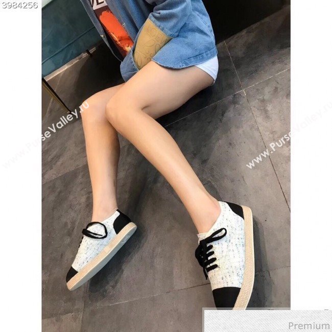 Chanel Tweed Lace-Up Espadrilles Sneakers G34424 White/Blue/Black 2018 (EM-9030931)