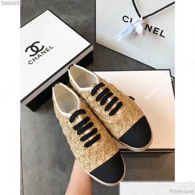 Chanel Tweed Lace-Up Espadrilles Sneakers G34424 Gold/Black 2018 (EM-9030932)