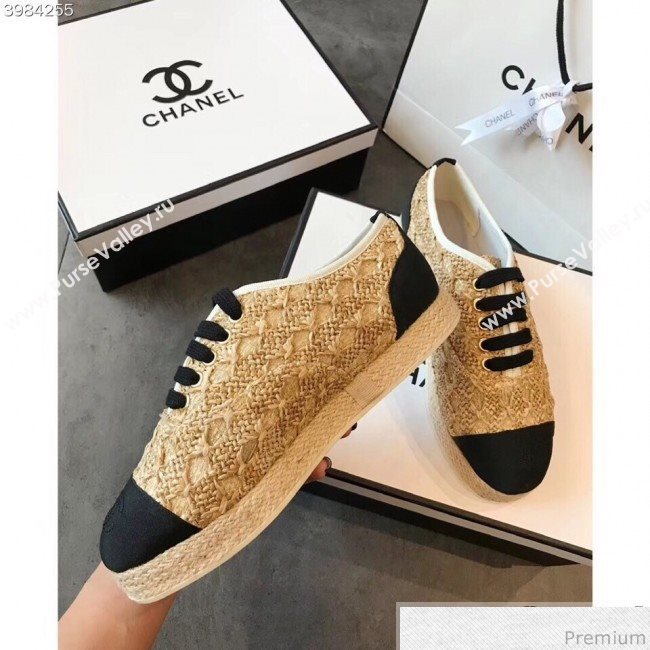 Chanel Tweed Lace-Up Espadrilles Sneakers G34424 Gold/Black 2018 (EM-9030932)