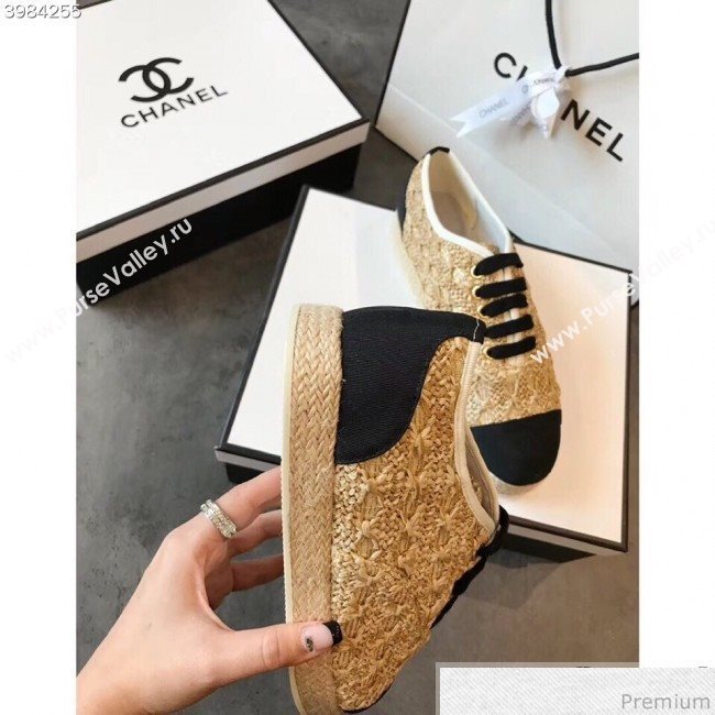 Chanel Tweed Lace-Up Espadrilles Sneakers G34424 Gold/Black 2018 (EM-9030932)