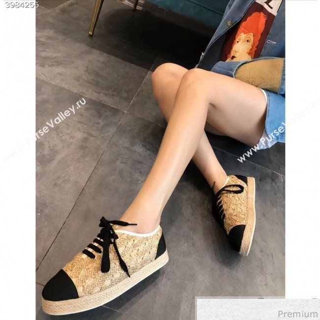 Chanel Tweed Lace-Up Espadrilles Sneakers G34424 Gold/Black 2018 (EM-9030932)