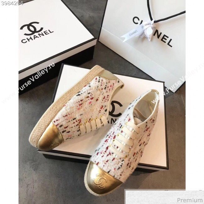 Chanel Tweed Lace-Up Espadrilles Sneakers G34424 White/Pink/Gold 2018 (EM-9030933)