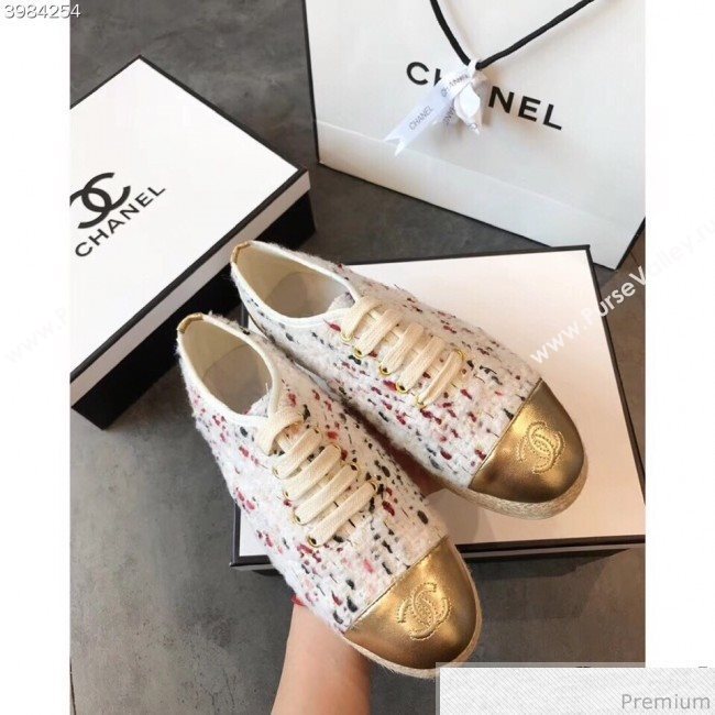 Chanel Tweed Lace-Up Espadrilles Sneakers G34424 White/Pink/Gold 2018 (EM-9030933)